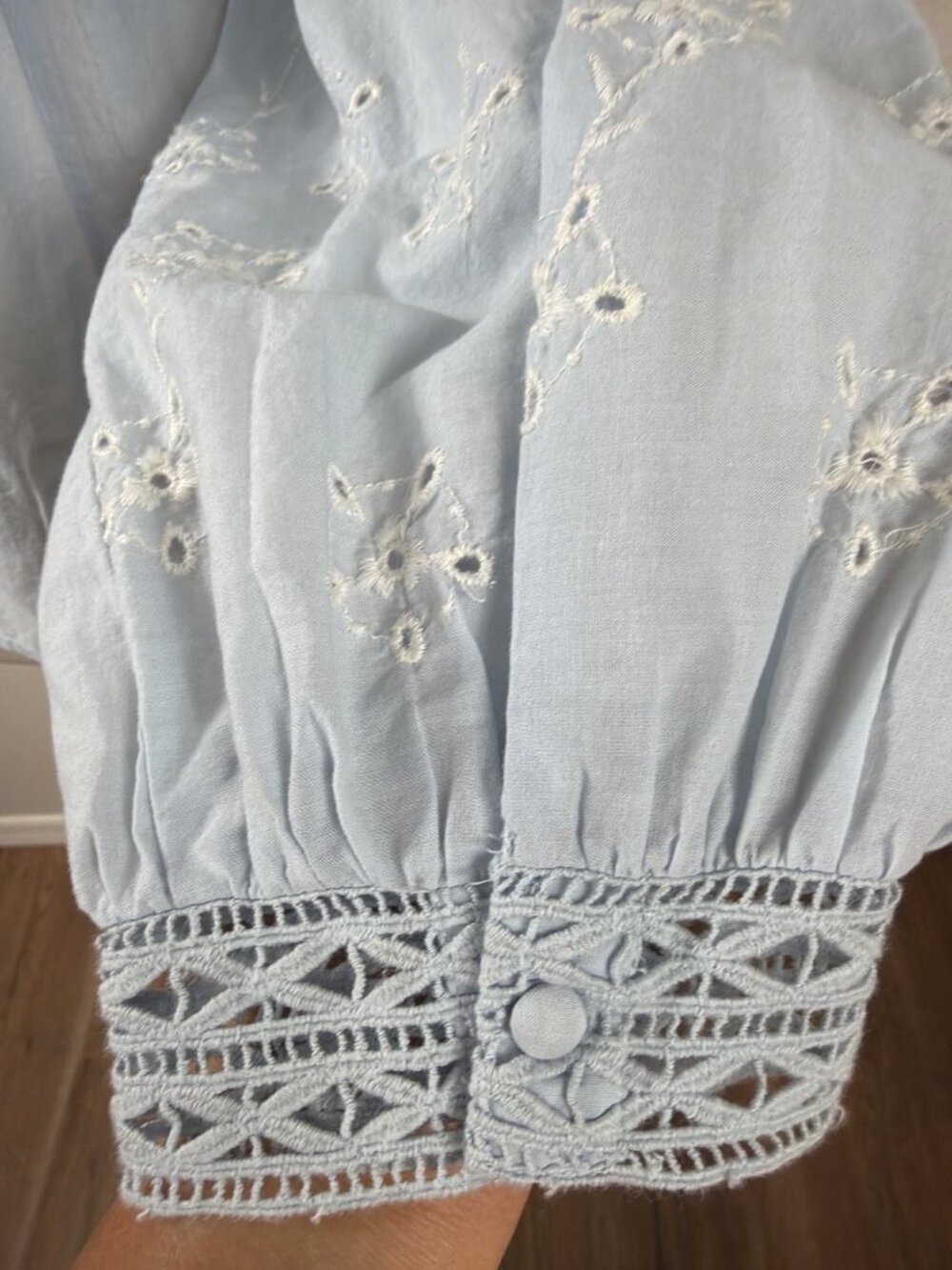 Sézane Irma Shirt Light Blue Ecru Embroidered Ruffle Blouse Size FR 46/ US 14 - Picture 9 of 16